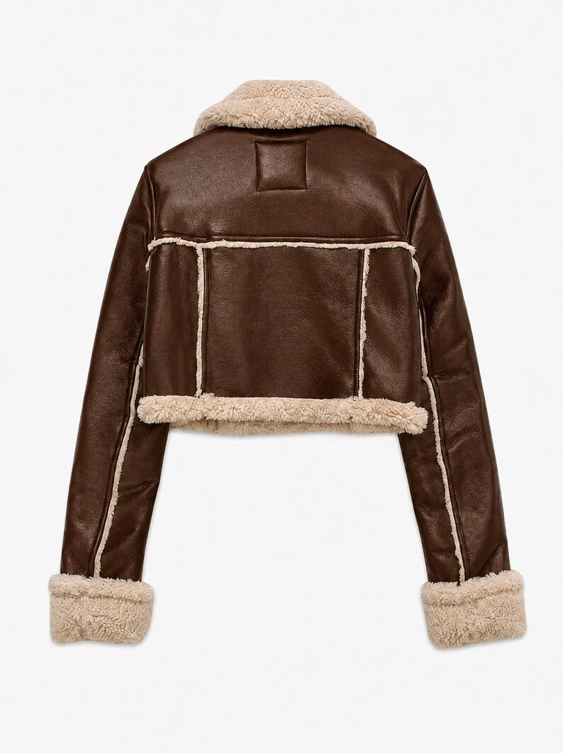 Women's Cropped Faux Shearling-Trimmed Faux Leather Aviator Jacket
